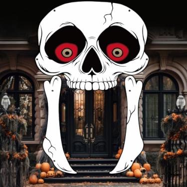 Imagem de Capa de banner de porta de festa com caveiras grandes de Halloween decoração de pendurar assustadora decoração de terror, esqueleto humano, fundo de varanda ou petisco, decoração de carro para casa