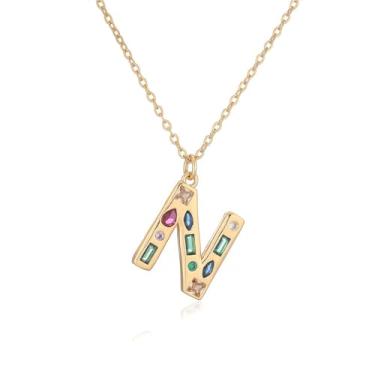 Imagem de LuvQaze Colar de zircônia colorida com inicial para mulheres, banhado a ouro 18 quilates, colar com pingente de letra e presente de aniversário para namorada, esposa, mãe, filha, Small, Cobre, Sem