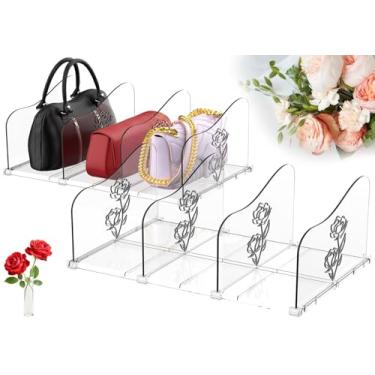 Imagem de Pacote com 2 organizadores de bolsa para armário, prateleira grande ajustável com padrão rosa, organizador de bolsa transparente, divisor separador de estante de plástico para quarto, sala de estar