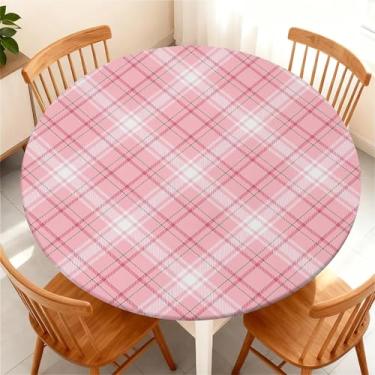 Imagem de Yesad Toalha de mesa redonda com borda elástica para mesa redonda de até 155 a 165 cm, capa de mesa impermeável para acampamento, interior, exterior, férias, verão, xadrez rosa