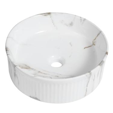 Imagem de JONATHAN Y SNK1006C 37,5 cm pia redonda para vaso de banheiro, tigela de cerâmica com acabamento em mármore branco moderno acima do balcão com exterior canelado, lavatório de designer Art Deco para