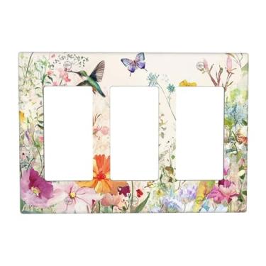 Imagem de VGHOKO Capas decorativas para tomadas com aquarela flores desabrochando de jardim, beija-flores e borboletas, placa de parede de 3 grupos, capa de interruptor de luz tripla para arte de quarto