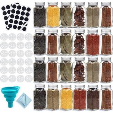 Imagem de 24 Potes de Tempero Vidro com 40 Etiquetas Adesivas - 4oz Recipientes Vazios Tampas para Cascar e Metal Herméticas Caneta Pintura Funil Colapsível Silicone Pano Incluídos