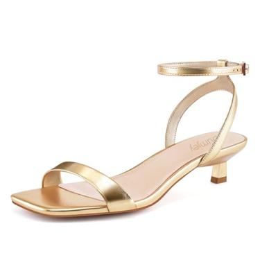 Imagem de Dumjey Sandália feminina de salto gatinho com tira no tornozelo, salto quadrado, bico aberto, vestido para festa de casamento, Dourado, 42