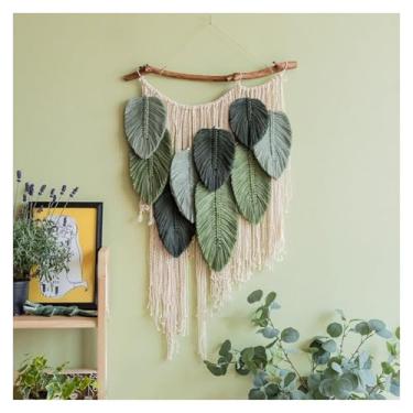 Imagem de Macrame Wall Hanging Tapeçaria de parede artística tecida à mão com folhas verdes, mural decorativo para cabeceira de cama na sala de estar de uma casa de família.(55x90cm/22x35in)