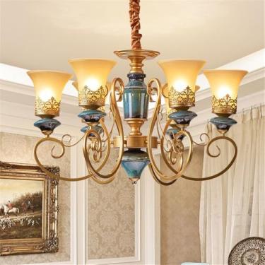 Imagem de Lustre de luxo europeu para sala de estar, estilo retrô americano, em cerâmica, para restaurante, quarto, escritório, hotel, casa de campo ou café, com luminária pendente de LED (6 lâmpadas)