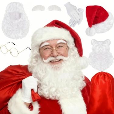 Imagem de SATINIOR Conjunto de fantasia de Papai Noel de Natal inclui chapéu de Papai Noel peruca de barba com sobrancelha branca luvas de inverno óculos de Papai Noel bolsa de presente para fantasia de Natal (bolsa vermelha)