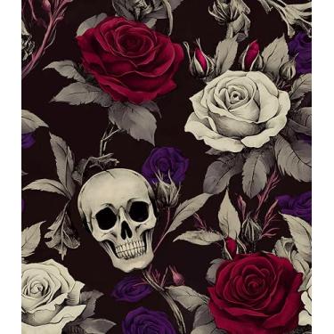 Imagem de Papel de parede de caveira descascar e colar, papel de contato floral gótico roxo escuro/rosa vermelha, papel de parede botânico vintage autoadesivo removível à prova d'água para prateleiras de quarto