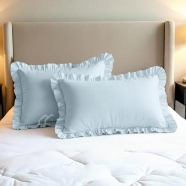 Imagem de Ambition Home Capas de travesseiro King 50,8 cm x 91,4 cm Conjunto de 2 com fecho de zíper fronhas decorativas com babados 100% algodão egípcio King Ruffel, azul claro