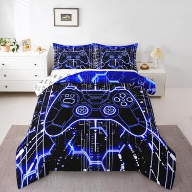 Imagem de Feelyou Jogo de cama king para crianças, azul, favo de mel, console de jogos, moderno, conjunto de edredom para meninos e meninas, conjunto de edredom para adolescentes, 3 peças