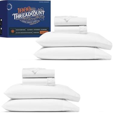 Imagem de TEXAS LINEN CO. Jogo de lençóis Queen Size 100% algodão egípcio de alta contagem de fios (8 peças, branco), macio e sedoso, resfriamento, lençol de cama de cetim com bolso profundo de 41 cm