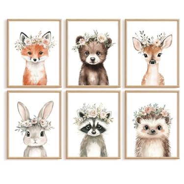 Imagem de Decoração de parede de berçário de animais da floresta imagens de quarto de bebê menina floral coroa animal decoração de parede decoração de arte de parede urso safári raposa pôster floral para quarto