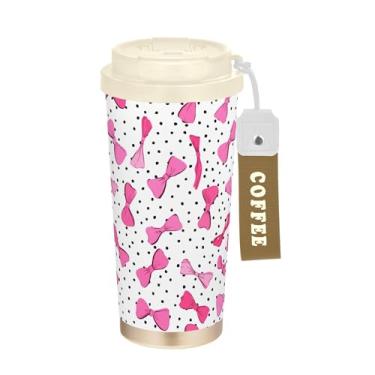 Imagem de SEHANY Linda caneca de viagem rosa com laço de bolinhas 482 g Copos de café reutilizáveis revestidos de cerâmica com tampa à prova de vazamento, parede dupla, isolamento a vácuo, copo de café de aço