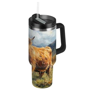 Imagem de SEHANY Copo Highland Cow 1,134 g com tampa e canudo, aço inoxidável de vácuo duplo isolado garrafa de água esportiva suporte para copo de café de viagem à prova de vazamento para bebida gelada