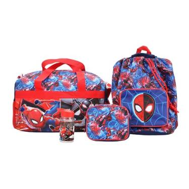 Imagem de Bioworld Conjunto de 4 peças do Homem-Aranha, mochila com cordão, garrafa de água e estojo utilitário azul juvenil, Azul, OSFA, Personalizado