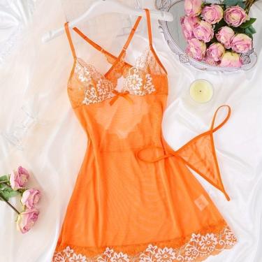 Imagem de Conjunto Lingerie Renda Transparente Camisola Elegante e Tanga Floral ElaShopp