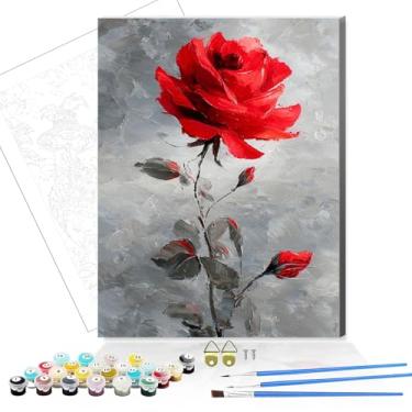 Imagem de bestact Kits de pintura rosa emoldurada por números para adultos, pintura de flores por números com moldura para iniciantes em tela, kits de pintura DIY fáceis para decoração de parede de casa e