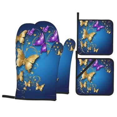 Imagem de Butterflies - Conjunto de luvas de cozinha estampadas com suportes de tampa, luvas de forno resistentes ao calor para manusear panelas quentes, grelhar, churrascos, kit de 4 peças.