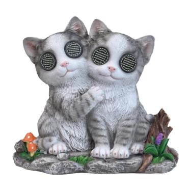 Imagem de FashionCha Estátua Iluminada Por Energia Solar Representando Um Par de Gatos de Jardim, Escultura em Resina, Estatueta Decorativa Artesanal para Pátio Externo.