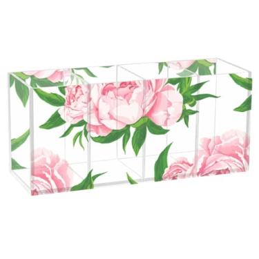 Imagem de Burbuja Porta-canetas de acrílico Pink Peonies, 4 compartimentos, suporte de lápis transparente para pincéis de maquiagem, acessórios de mesa de escritório em casa