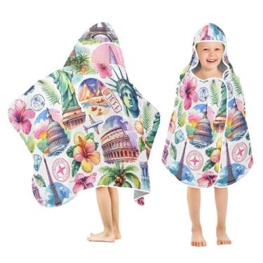 Imagem de Burbuja Famous Landmarks Toalha de banho com capuz para crianças, toalha de praia de pelúcia macia absorvente para meninas e meninos 3-10 anos, 61 x 127 cm