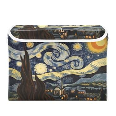 Imagem de xigua Van Gogh Caixotes de armazenamento de céu estrelado com tampas e alça de transporte, caixas de armazenamento dobráveis organizadores recipientes cestos cubo com capa para casa, quarto, armário