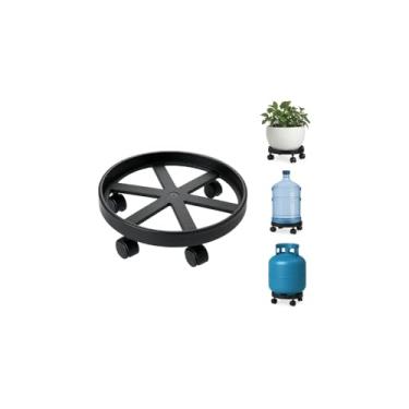 Imagem de Suporte para Botijão de Gás com Rodinhas, Aço Inox e Plástico, Preto, 34cm Diâmetro x 10cm Altura, Universal para Botijão, Galão de Água, Vasos