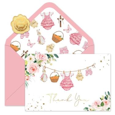 Imagem de Whaline Pacote com 24 cartões de agradecimento para chá de bebê de Páscoa, cartões em branco, rosa, floral, coelho, coelho, coelho, bebê, cartões de notas com envelopes, adesivos para meninas
