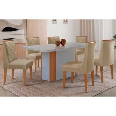 Imagem de Sala Jantar Mesa Pietá Tampo c/ Vidro Curvo 180cm+6 Cadeiras Pietá Naturale/Off White - Linho Bege - Rufato