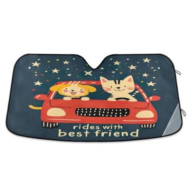 Imagem de Capa de para-brisa de carro fofa para cachorro e gato vermelha para proteção solar dobrável para janela frontal de carro médio
