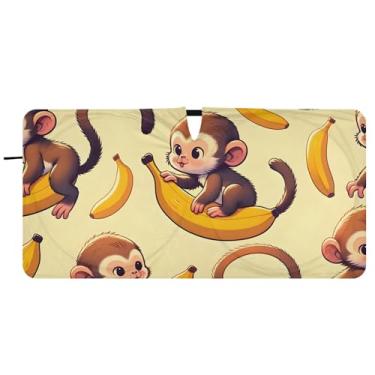 Imagem de Protetor solar bonito macaco banana bege personalizado para para-brisa de carro bonito impressão dobrável protetor solar automotivo 81,3 cm x 157,5 cm