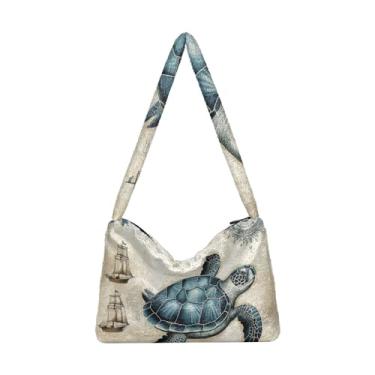 Imagem de Bolsa de pelúcia vermelha bege tricolor premium cinza aquarela, bolsa feminina, bolsa de ombro feminina, Tartaruga marinha azul e branca náutica vintage, One Size