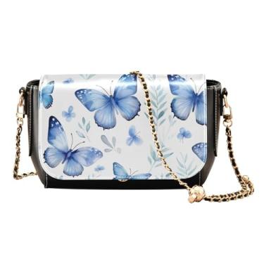 Imagem de Bolsas de ombro femininas com água-viva azul no oceano com luzes neon bolsa tiracolo de couro, bolsas transversais de couro para mulheres, Borboletas aquarela-1, One Size