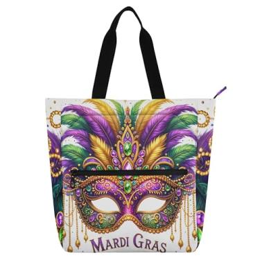 Imagem de GAIGEO Sacola feminina de trabalho com texto de máscara de carnaval para mulheres, bolsa de lona para livros de praia, bolsa carteiro com zíper e compartimentos