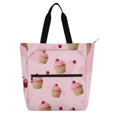 Imagem de GAIGEO Bolsa feminina rosa cupcakes cerejas glacê para trabalho em lona escolar bolsa de professor com compartimentos