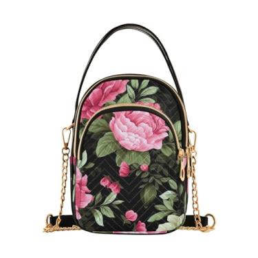 Imagem de GAIGEO Bolsa tiracolo feminina rosa laranja e flor amarela, bolsa transversal com alça, bolsa tiracolo de ombro para mulheres, Flores rosa e verdes em preto-4, One Size