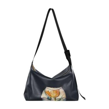 Imagem de GAIGEO Bolsa tiracolo Exotic Red Birds com alça larga, bolsa de ombro transversal de couro, bolsa de ombro feminina com bolsos, Uma flor de tulipa em aquarela amarela, One Size