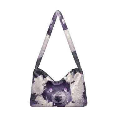 Imagem de Bolsa de ombro feminina com textura de pele de cobra marrom branca, bolsa feminina de pelúcia, bolsas de outono, Bear Behind the Dark Purple Broken Wall, One Size