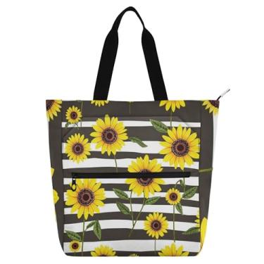 Imagem de Sacolas de trabalho listradas girassóis amarelos para mulheres bolsas de lona universitárias bolsas fofas para crianças amantes de livros presentes