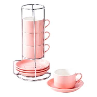 Imagem de FytStycale Conjunto de 4 xícaras de café de cerâmica com pires, empilháveis, com suporte, versáteis acessórios para decoração de casa, perfeitas para preparar, Rosa