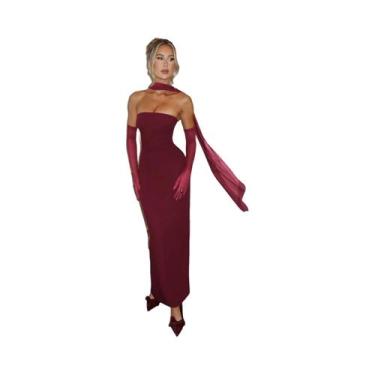 Imagem de Vestido Maxi Sem Alças Para Mulheres, Elegante Com Luvas De Malha, Mod