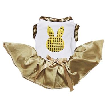 Imagem de Petitebella Vestido de cachorro tutu listrado com estampa de coelho amarelo e lantejoulas (branco/dourado, grande)