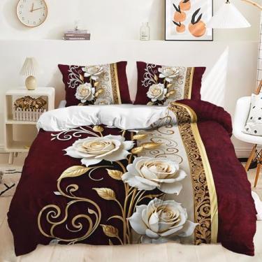 Imagem de AILONEN Conjunto de capa de edredom de rosa branca, tamanho solteiro, boêmio, decoração de quarto de meninas e mulheres, linda capa de edredom de flores com 2 fronhas, 3 peças