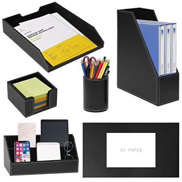 Imagem de Conjunto de 6 peças de material de escritório/organizador de mesa com bloco de couro para escrivaninha, bandeja de papel para arquivo, suporte para pasta de revistas, copo de caneta, suporte de