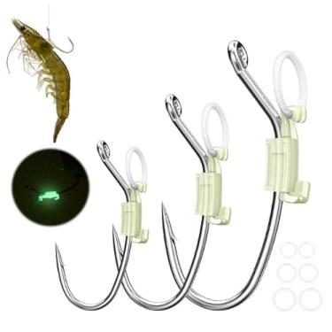 Imagem de PROBITE Ganchos luminosos de camarão vivos – Ganchos farpados que brilham no escuro com faixas de silicone, anzóis de pesca de camarão de água salgada de aço de alto carbono, para pesca costeira e