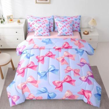 Imagem de Erosebridal Jogo de cama completo de 7 peças com laço e laço de princesa com tema de gravata borboleta com textura de seda kawaii, azul, rosa, sonhador para crianças, meninas e mulheres