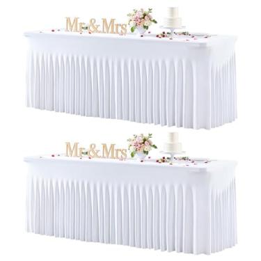 Imagem de Toalha de mesa branca para mesas retangulares de 2,3 m, capa de mesa elástica de elastano com saia, chá de bebê, festa de aniversário, banquete, babados, toalha de mesa de casamento, saia de mesa