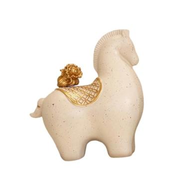 Imagem de FLCPJGV Escultura de Cavalo - Lembrança do Ano do Cavalo - Decoração Feng Shui para Mesa, Estante e Lareira, Bege, com Repolho