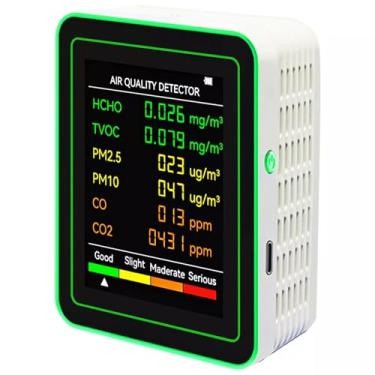 Imagem de Medição de CO2 do Ar 6 em 1 Detector PM2 5 PM10 HCHO TVOC Display LCD Sensor Analisador Multifuncional Portátil com Alarme Quatro Cores Conversão Unid