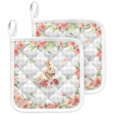 Imagem de Porta-panelas para cozinha, fazenda, coelho, Páscoa, conjunto de 2 pegadores de panela, à prova de calor, antiderrapante, suporte de panela de forno, pano de isolamento, almofada quente com laço de